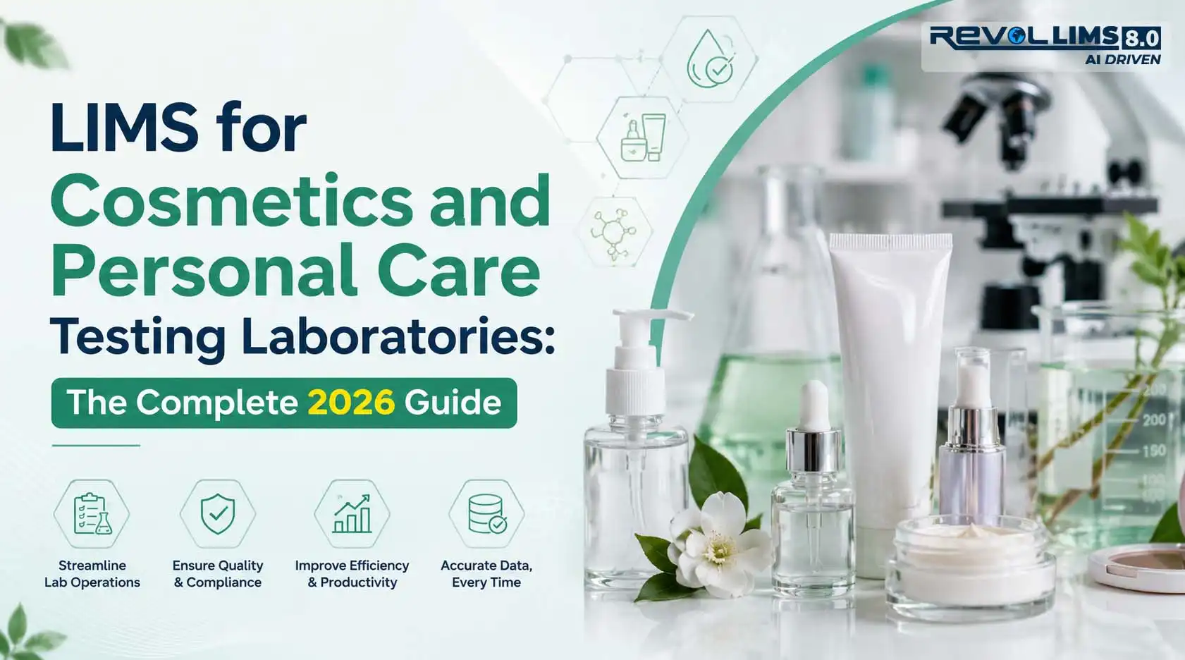 A professional banner featuring cosmetics and personal care testing laboratory equipment, including cosmetic product containers, glassware, a microscope, test samples, and laboratory solutions, with the title “LIMS for Cosmetics and Personal Care Testing Laboratories: The Complete 2026 Guide.